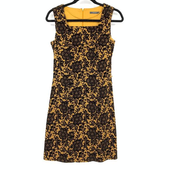 Esprit Sheath Dress Womens Size 6 Flocked Velvet Black Floral Print Yellow Gold - Picture 1 of 7